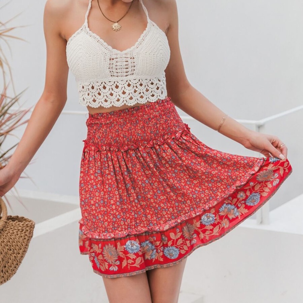 Boho chic gypsy floral print mini skirt - RED - Picture 2 of 5